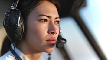 A skilled pilot maneuvers a helicopter, concentrating intensely on the controls and surroundings during flight. The landscape unfolds beneath her. photo