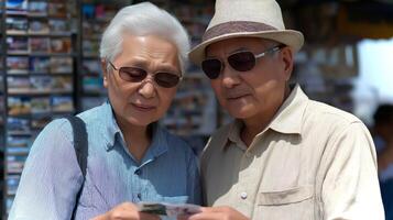 An elderly couple is enjoying their time at a bustling marketplace, closely examining postcards while soaking in the lively atmosphere of the afternoon. photo