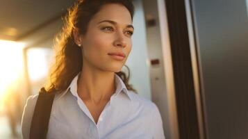 A woman stands by an elevator, looking pensively outdoors as warm sunlight filters through the space. Her expression suggests contemplation at day's end. photo