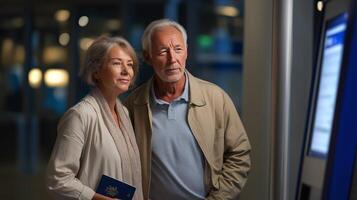 A couple stands closely together, looking at a self-service kiosk in the airport. photo