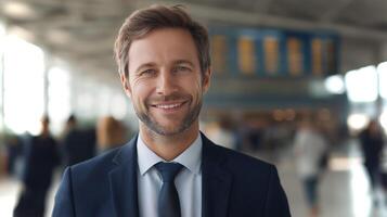 Confident man in a suit smiles while standing in an airport terminal filled with travelers and bright lighting, creating a welcoming atmosphere. photo