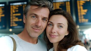 A couple smiles at the airport, surrounded by departure boards, showing excitement for their upcoming trip. The atmosphere is filled with anticipation. photo
