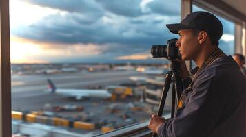 A photographer sets up his camera on a tripod, focusing on the vibrant sunset over the airport. Aircraft and terminals are visible in the background. photo