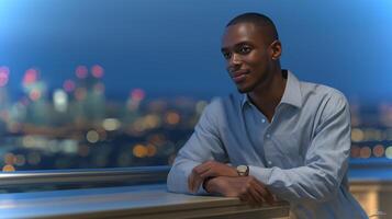A man stands on a balcony at night, gazing thoughtfully at the illuminated skyline while dressed in a stylish shirt, enjoying the vibrant atmosphere of the city. photo