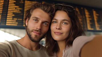 A couple smiles brightly while taking a selfie at an airport, surrounded by travel information displays. Their excitement for the journey is evident. photo