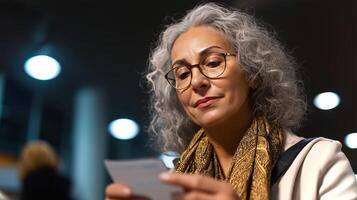 A woman with gray hair and glasses examines a piece of paper closely in a low-light environment, reflecting concentration and curiosity. photo