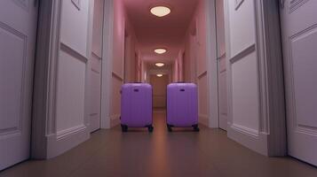 Two purple suitcases stand side by side in a pastel-colored hallway. Soft lighting enhances the calm atmosphere as travelers prepare to continue their journey. photo