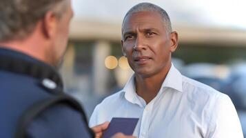 A middle-aged man engages with a law enforcement officer outside in a bustling area, displaying a serious yet calm demeanor under natural lighting conditions. photo