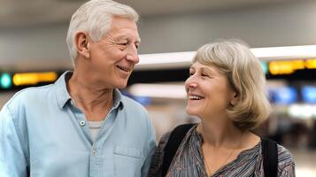 A happy older couple stands close together, smiling and enjoying each other's company in a bustling travel hub filled with lighting and travelers. photo