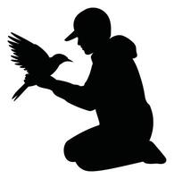 Kneeling Person Holding a Bird Gently, Wearing Hat and Jacket, Isolated on White vector