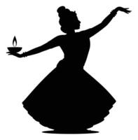 Indian Classical Dancer Holding Diya Lamp with Flame in Elegant Pose vector