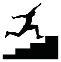 Silhouette of Athletic Man Leaping from Stairs, Black and White Illustration vector