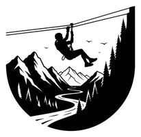 Person Ziplining Above Mountain Landscape with River and Trees Black and White vector