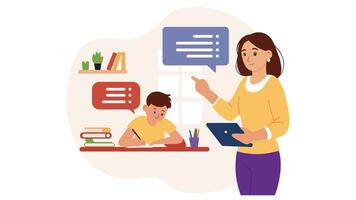 Cartoon Illustration of Teacher Guiding Student with Tablet During Lesson, Classroom Environment vector