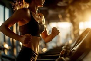 the woman running on a treadmill in a gym with a city skyline visible through large windows. photo