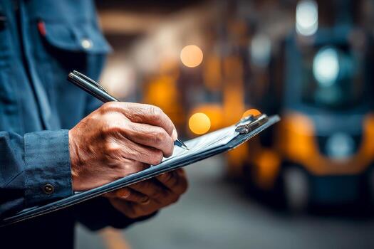 A inspector takes notes on a clipboard while inspecting a warehouse . photo