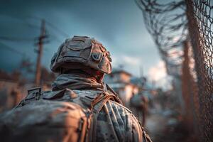 A soldier stands guard near a barbed wire fence, focused on security protocols in a military area. photo