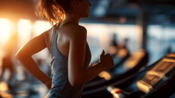 woman running on a treadmill in a gym with a city skyline visible through large windows. photo