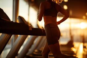 A woman running on a treadmill in a gym with a city skyline visible through large windows. photo