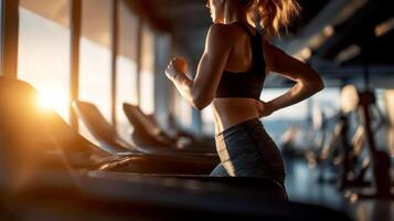A woman running on a treadmill in a gym with a city skyline visible through large windows., photo