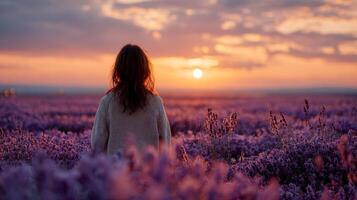 Person in a lavender field at sunset photo