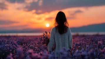 Woman in lavender field at sunset photo