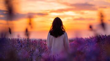 Woman overlooking sunset in lavender field photo