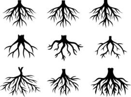 Nine Distinct Black Root Silhouette Illustrations Displayed on a Clean White Background vector