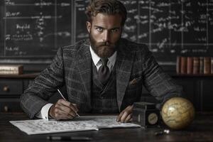 A handsome, bearded, middle-aged scientist sits at a table and holds a pen in his right hand. Behind him is a board with formulas. photo