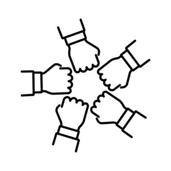 línea Arte grupo con manos juntos. manos equipo haciendo puño bache circulo gesto, unidad grupo símbolo, colaboración, apoyo, unidad, camaradería, trabajo en equipo. vector