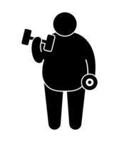 Stick figure stickman icon. Fat stickman workout using dumbbell. vector