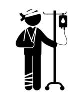 Stick figure stickman icon, human silhouette wears a sling and bandages on his head and legs and is on an IV drip. vector