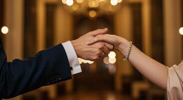 Man and woman couple holding hands in elegant ballroom with warm bokeh lights in background photo