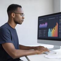 African American man wearing glasses is analyzing data on a computer screen, showcasing colorful graphs and charts, representing modern data analysis and technology in a professional setting photo