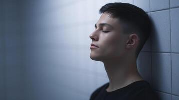 Young man with short hair is leaning against a tiled wall, eyes closed, in a serene moment of reflection, conveying a sense of calm and introspection in a minimalist environment photo