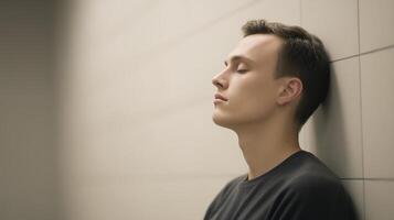 Young man with closed eyes leans against a smooth wall, showcasing a moment of introspection and tranquility in a minimalist environment with soft lighting photo