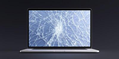 Laptop mock up with cracked screen displaying abstract blue background, showcasing damage and technology, ideal for repair services and digital content creation photo