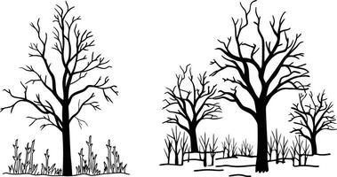 Bare Trees in Silhouette with Grasses and Bushes vector
