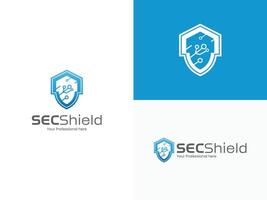 tech logo with circuit shield icon, modern cybersecurity brand identity design vector