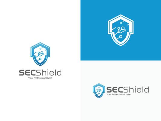 tech logo with circuit shield icon, modern cybersecurity brand identity design