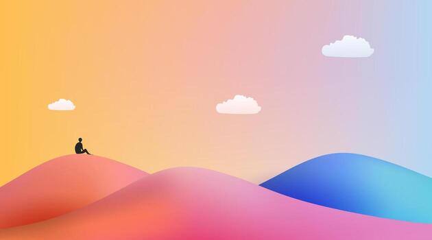 A man sitting on top of a mountain with clouds in the background vector