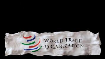 Stylized flag of WTO waving in the wind, isolated on transparent background, with alpha channel. Footer, 3D animation. Cut out wide, panoramic element. World Trade Organization. Motion graphic. video