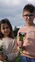 vertical Brother and sister holding vibrant bouquets of wildflowers, picked from a lush field under a cloudy sky, savoring a joyful summer day in the peaceful countryside video