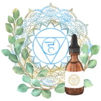 An elegant golden blue mandala with throat chakra vishuddha in the center. Eucalyptus twigs and glass vial with essential oil. Hand-drawn illustration for advertising leaflets, package png