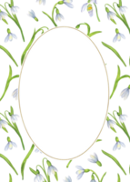 Ready-made postcard template with watercolor snowdrops flower seamless pattern on white background and an oval space for text and tiny golden frame. Hand-drawn illustration png