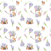 Seamless pattern with watercolor crocuses, robin birds and watering can. Springtime garden design with flowers. Colorful floral hand-drawn illustrations for wallpapers, textile, clothing png
