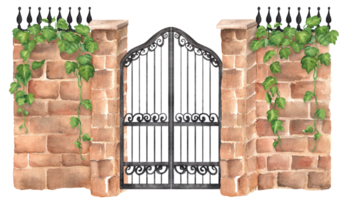 Red brick wall with pillars, black openwork closed iron gates with green ivy climbing on the wall. Garden clipart. Hand-drawn watercolor illustrations for scrapbooking, postcards, invitation design png