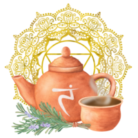 Watercolor terracotta teapot with Solar plexus chakra symbol and a pot with herbal infusion for energy balance. Golden yellow mandala with Manipura chakra. Ayurveda clipart. Hand-drawn illustration png
