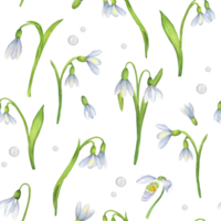 Seamless pattern with watercolor snowdrops flowers, green leaves and white pearls. Springtime garden floral design. Hand-drawn illustration for textile, clothing, wrapping paper, fabric png