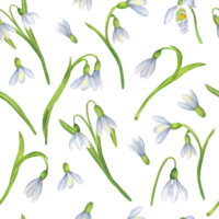 Seamless pattern with springtime watercolor snowdrops. Floral design with white flowers. Hand-drawn illustration for fabric, wrapping paper, clothes, postcards, wedding invitations png